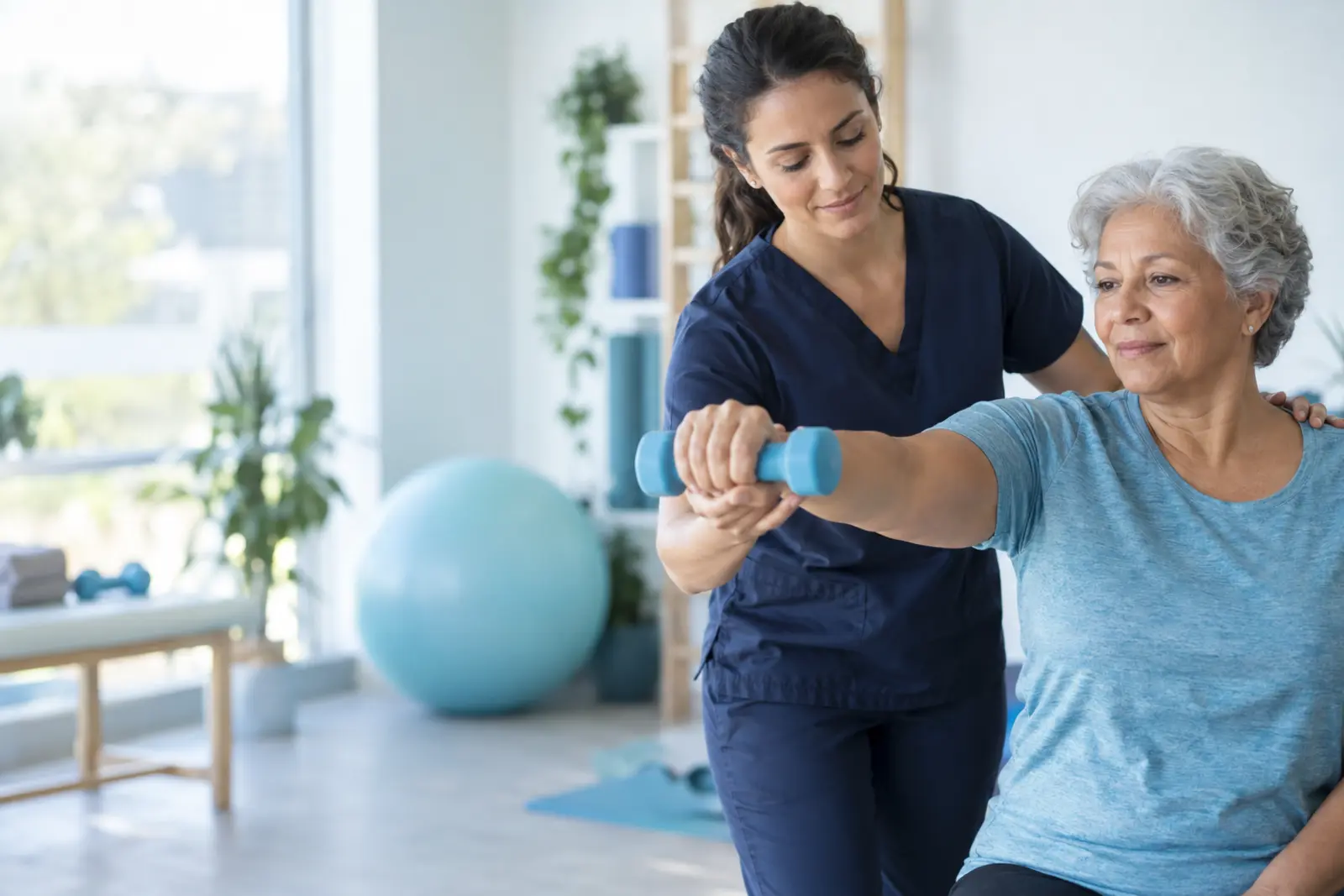 Profissional acompanhando uma paciente durante exercício de reabilitação